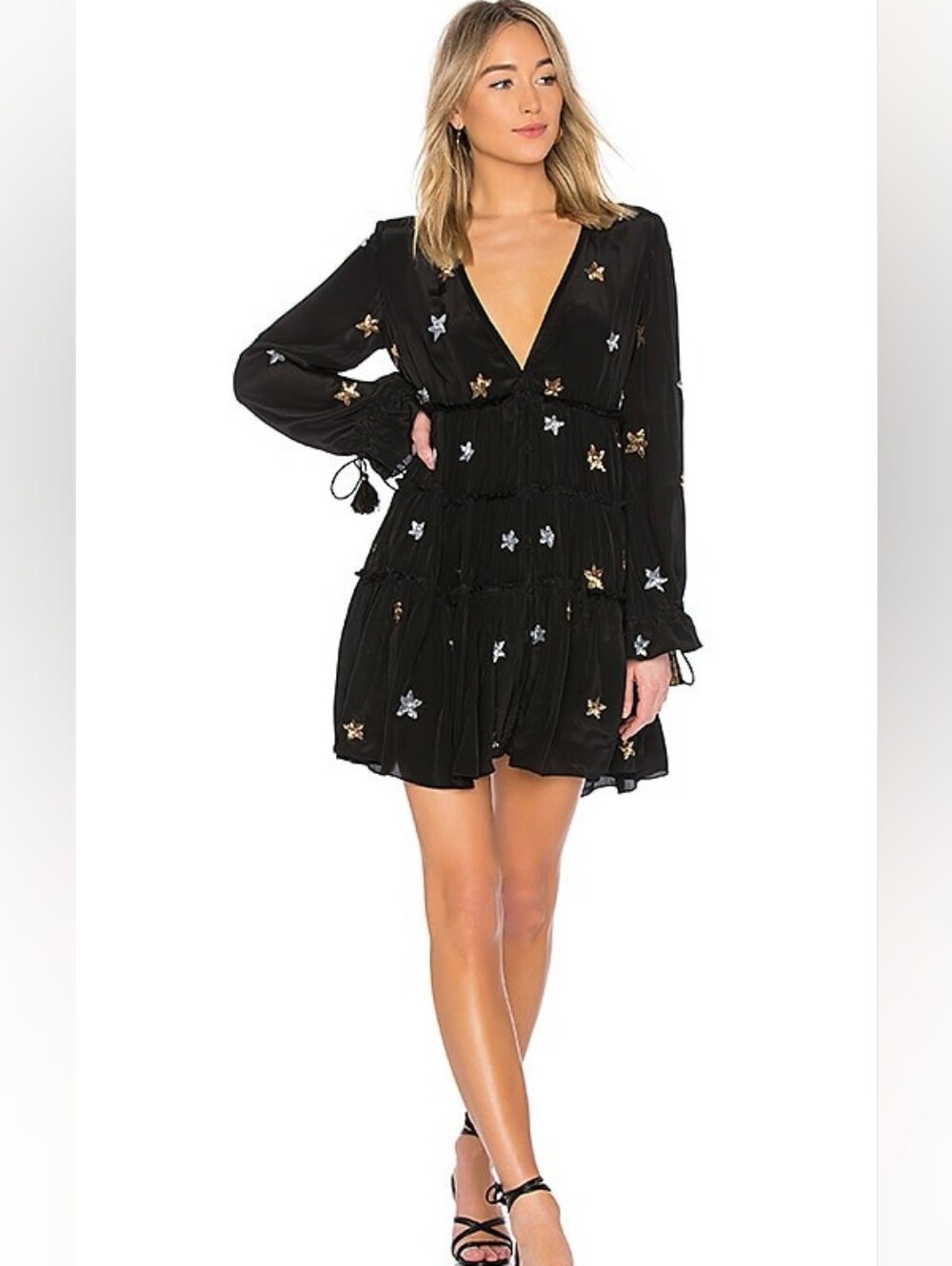 Rococo Sand Black Mini Dress with Gold & Silver Star Embroidery